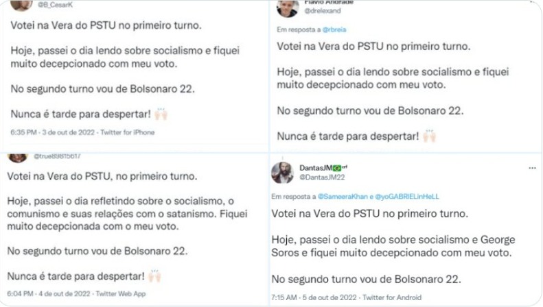 Robôs com perfis falsos no Twitter falam sobre voto na Vera (PSTU) e mudança para Bolsonaro no segundo turno